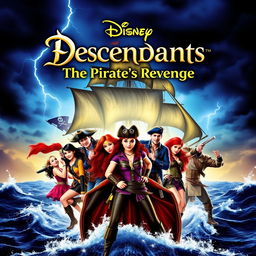 Movie cover for "Disney Descendants: The Pirate's Revenge" featuring an ensemble of colorful and adventurous characters from the Descendants series