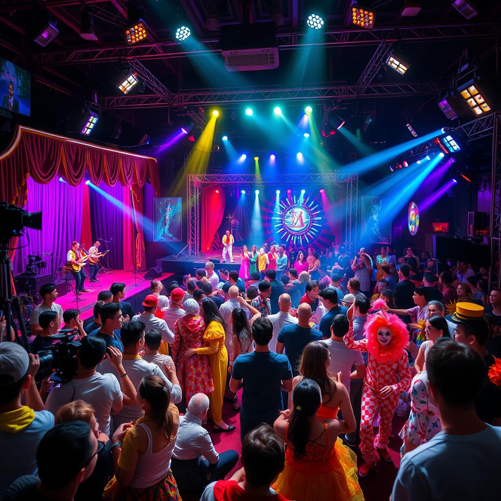 A vibrant and bustling world of entertainment, featuring an array of colorful and inviting elements such as theater stages, music bands performing, film cameras, clowns, magicians, and dancers in eye-catching costumes