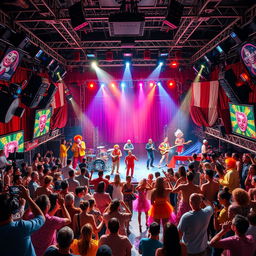 A vibrant and bustling world of entertainment, featuring an array of colorful and inviting elements such as theater stages, music bands performing, film cameras, clowns, magicians, and dancers in eye-catching costumes