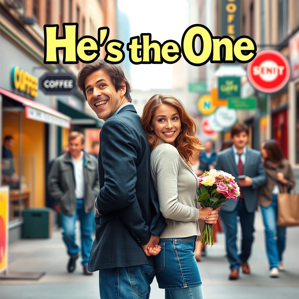 2000s rom-com movie cover titled "He's the One" featuring a cheerful and lively scene in a bustling urban setting