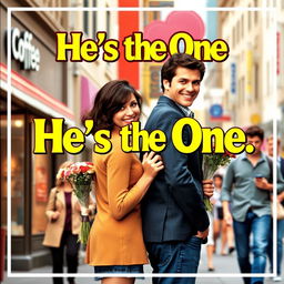 2000s rom-com movie cover titled "He's the One" featuring a cheerful and lively scene in a bustling urban setting