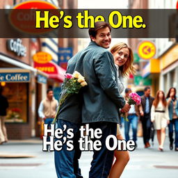 2000s rom-com movie cover titled "He's the One" featuring a cheerful and lively scene in a bustling urban setting