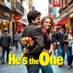 2000s rom-com movie cover titled "He's the One" featuring a cheerful and lively scene in a bustling urban setting