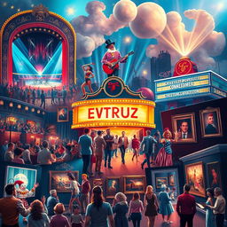 A vibrant scene showcasing a diverse array of entertainment mediums including a grand theater with dazzling performances, a lively music concert with a band rocking the stage, a bustling cinema with a marquee displaying popular films, playful street performers like clowns and acrobats entertaining a cheerful crowd, and an elegant art gallery filled with patrons admiring paintings