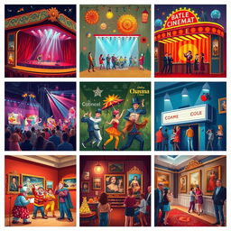 A vibrant scene showcasing a diverse array of entertainment mediums including a grand theater with dazzling performances, a lively music concert with a band rocking the stage, a bustling cinema with a marquee displaying popular films, playful street performers like clowns and acrobats entertaining a cheerful crowd, and an elegant art gallery filled with patrons admiring paintings