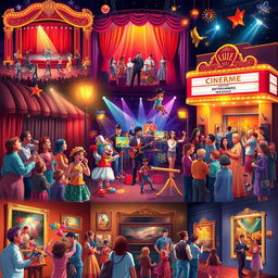 A vibrant scene showcasing a diverse array of entertainment mediums including a grand theater with dazzling performances, a lively music concert with a band rocking the stage, a bustling cinema with a marquee displaying popular films, playful street performers like clowns and acrobats entertaining a cheerful crowd, and an elegant art gallery filled with patrons admiring paintings