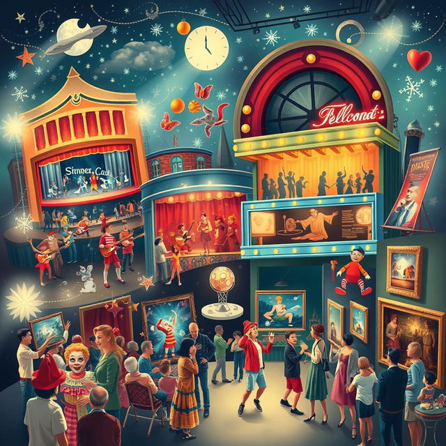 A vibrant scene showcasing a diverse array of entertainment mediums including a grand theater with dazzling performances, a lively music concert with a band rocking the stage, a bustling cinema with a marquee displaying popular films, playful street performers like clowns and acrobats entertaining a cheerful crowd, and an elegant art gallery filled with patrons admiring paintings