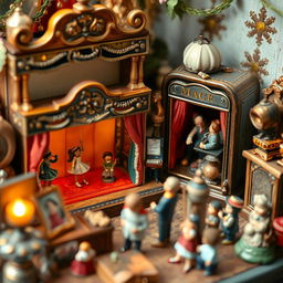 An imaginative scene featuring a variety of small-scale entertainment mediums such as a miniature puppet theater with tiny marionettes performing, a compact music box playing delightful tunes, a small street magician performing to a small, enchanted audience, and little sculptures representing different art forms like painting and dance