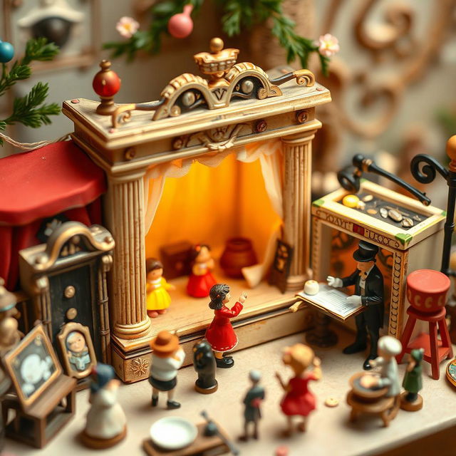 An imaginative scene featuring a variety of small-scale entertainment mediums such as a miniature puppet theater with tiny marionettes performing, a compact music box playing delightful tunes, a small street magician performing to a small, enchanted audience, and little sculptures representing different art forms like painting and dance