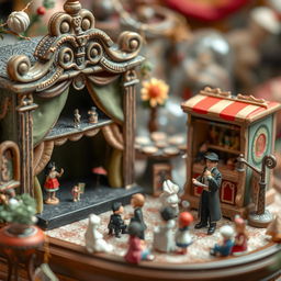 An imaginative scene featuring a variety of small-scale entertainment mediums such as a miniature puppet theater with tiny marionettes performing, a compact music box playing delightful tunes, a small street magician performing to a small, enchanted audience, and little sculptures representing different art forms like painting and dance