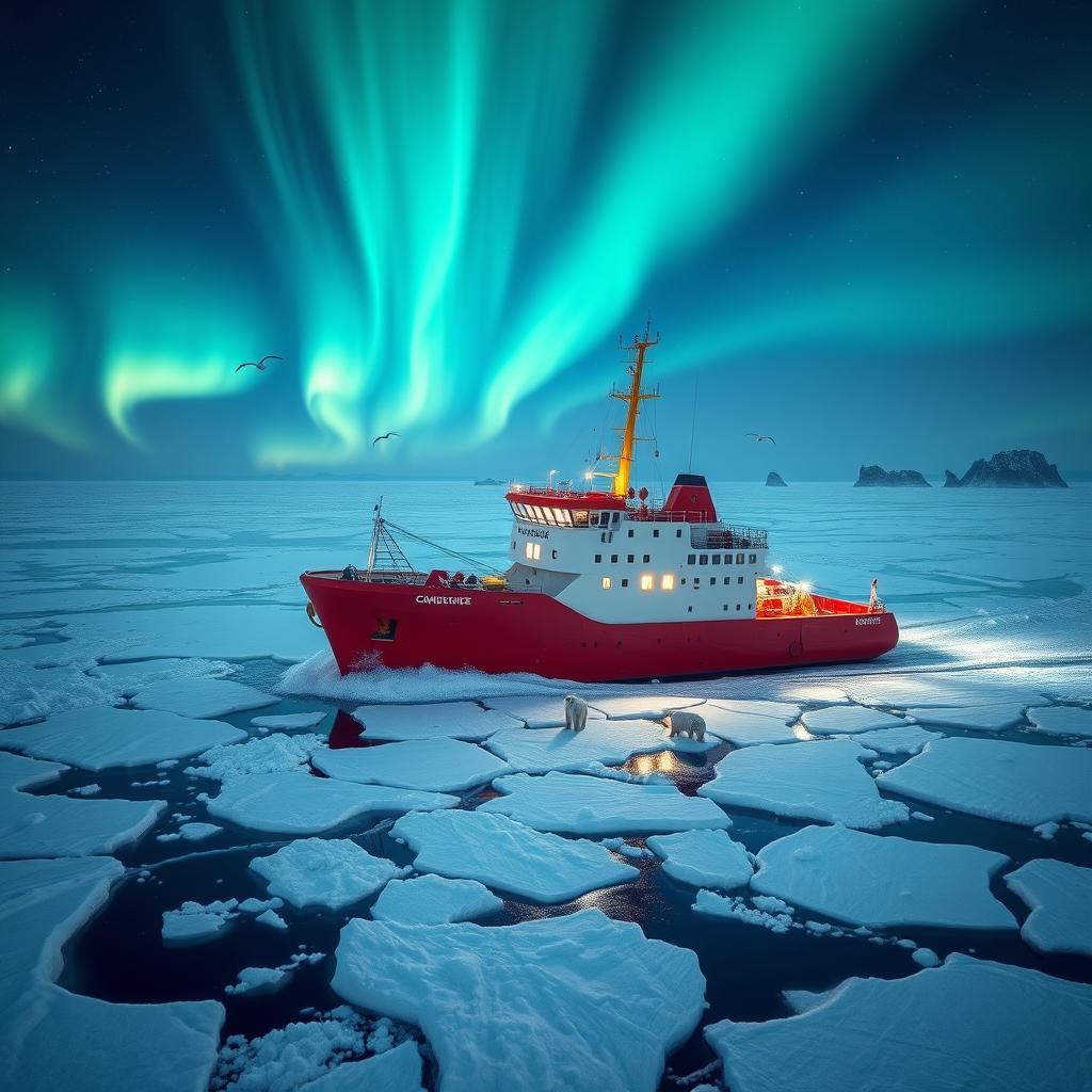 An icebreaker ship plowing through thick arctic ice under the beautiful aurora borealis