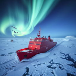 An icebreaker ship plowing through thick arctic ice under the beautiful aurora borealis