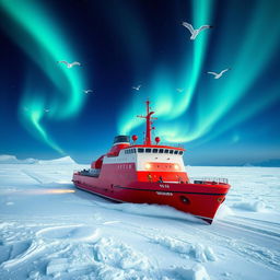 An icebreaker ship plowing through thick arctic ice under the beautiful aurora borealis