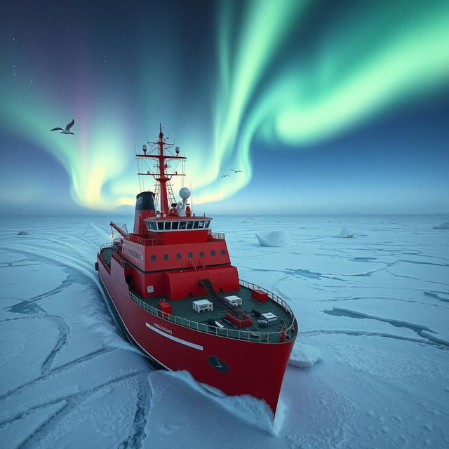 An icebreaker ship plowing through thick arctic ice under the beautiful aurora borealis