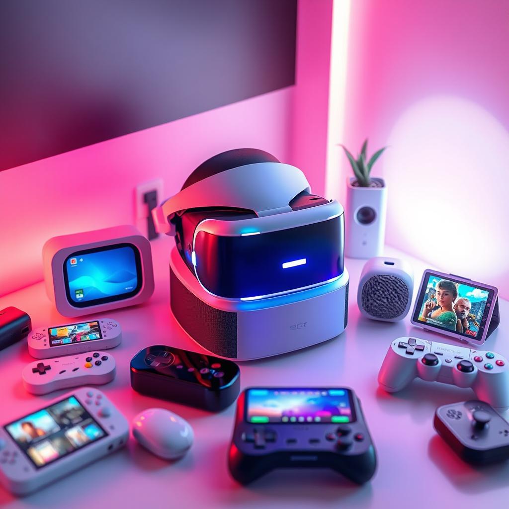 A creative scene featuring an array of modern small-scale entertainment mediums such as a compact virtual reality headset, sleek streaming devices, small smart speakers, and miniature gaming consoles