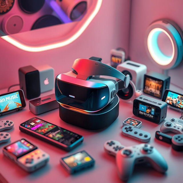 A creative scene featuring an array of modern small-scale entertainment mediums such as a compact virtual reality headset, sleek streaming devices, small smart speakers, and miniature gaming consoles