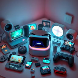 A creative scene featuring an array of modern small-scale entertainment mediums such as a compact virtual reality headset, sleek streaming devices, small smart speakers, and miniature gaming consoles