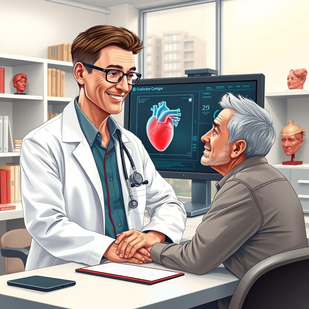 A highly detailed illustration featuring a skilled and compassionate cardiologist in a state-of-the-art medical office