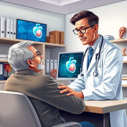 A highly detailed illustration featuring a skilled and compassionate cardiologist in a state-of-the-art medical office