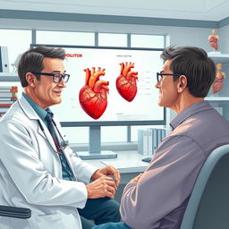 A highly detailed illustration featuring a skilled and compassionate cardiologist in a state-of-the-art medical office