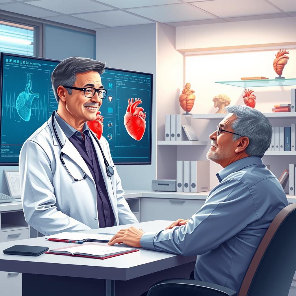 A highly detailed illustration featuring a skilled and compassionate cardiologist in a state-of-the-art medical office