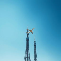 A peaceful blue sky with two majestic towers in the foreground, gracefully reaching towards the heavens