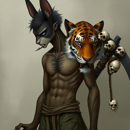 A slender male with two distinctive parents, one being a human-rabbit hybrid and the other a human-tiger hybrid