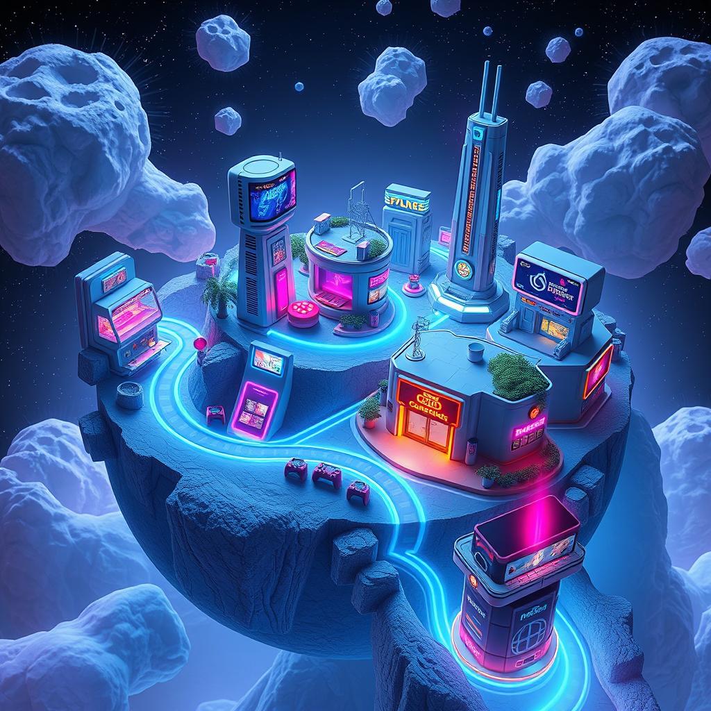 A futuristic planet dedicated to showcasing various modern small-scale entertainment mediums, with surface landscapes dotted with towering futuristic structures, each housing miniature virtual reality arcades, sleek streaming hubs, small smart speaker parks, and compact gaming centers