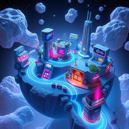 A futuristic planet dedicated to showcasing various modern small-scale entertainment mediums, with surface landscapes dotted with towering futuristic structures, each housing miniature virtual reality arcades, sleek streaming hubs, small smart speaker parks, and compact gaming centers