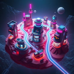 A futuristic planet dedicated to showcasing various modern small-scale entertainment mediums, with surface landscapes dotted with towering futuristic structures, each housing miniature virtual reality arcades, sleek streaming hubs, small smart speaker parks, and compact gaming centers