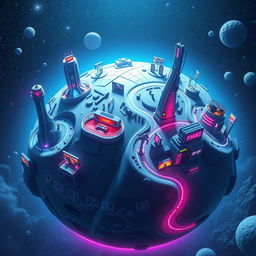 A futuristic planet dedicated to showcasing various modern small-scale entertainment mediums, with surface landscapes dotted with towering futuristic structures, each housing miniature virtual reality arcades, sleek streaming hubs, small smart speaker parks, and compact gaming centers
