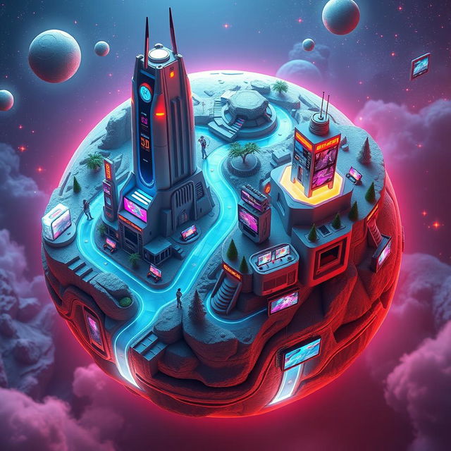 A futuristic planet dedicated to showcasing various modern small-scale entertainment mediums, with surface landscapes dotted with towering futuristic structures, each housing miniature virtual reality arcades, sleek streaming hubs, small smart speaker parks, and compact gaming centers