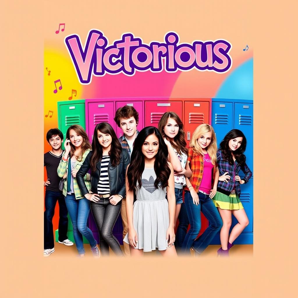 TV show cover for "Victorious" featuring the main ensemble cast against a vibrant and colorful high school backdrop