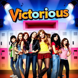 TV show cover for "Victorious" featuring the main ensemble cast against a vibrant and colorful high school backdrop