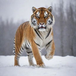 A powerful and majestic Siberian tooth tiger in a snowy landscape.