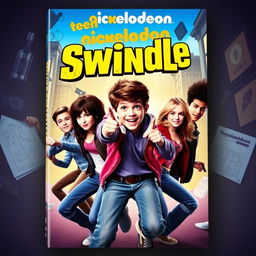 Teen Nickelodeon movie cover for "Swindle" showcasing a group of resourceful teenagers in an exciting adventure