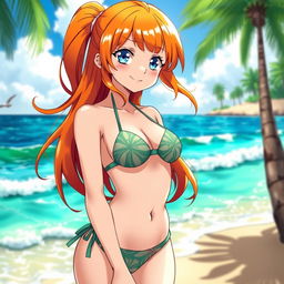 A portrait of Nami, the anime character from One Piece, wearing a stylish bikini