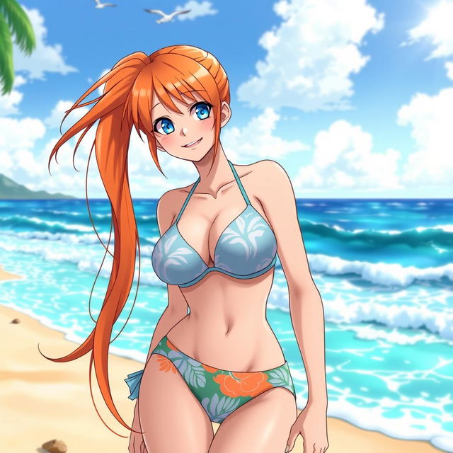 A portrait of Nami, the anime character from One Piece, wearing a stylish bikini