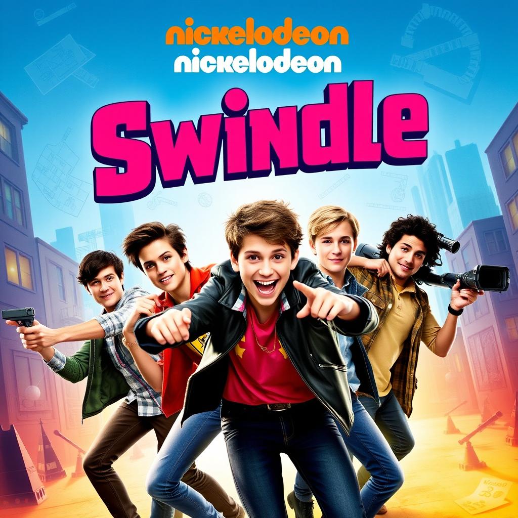 Teen Nickelodeon movie cover for "Swindle" showcasing a group of resourceful teenagers in an exciting adventure