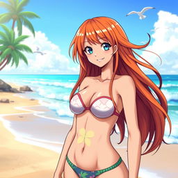 A portrait of Nami, the anime character from One Piece, wearing a stylish bikini