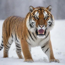 A powerful and majestic Siberian tooth tiger in a snowy landscape.