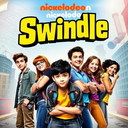 Teen Nickelodeon movie cover for "Swindle" featuring a lively group of teenagers ready for an adventure