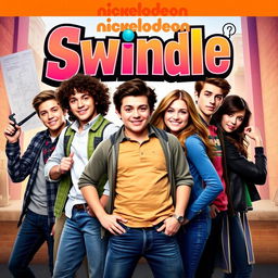 Teen Nickelodeon movie cover for "Swindle" featuring a lively group of teenagers ready for an adventure