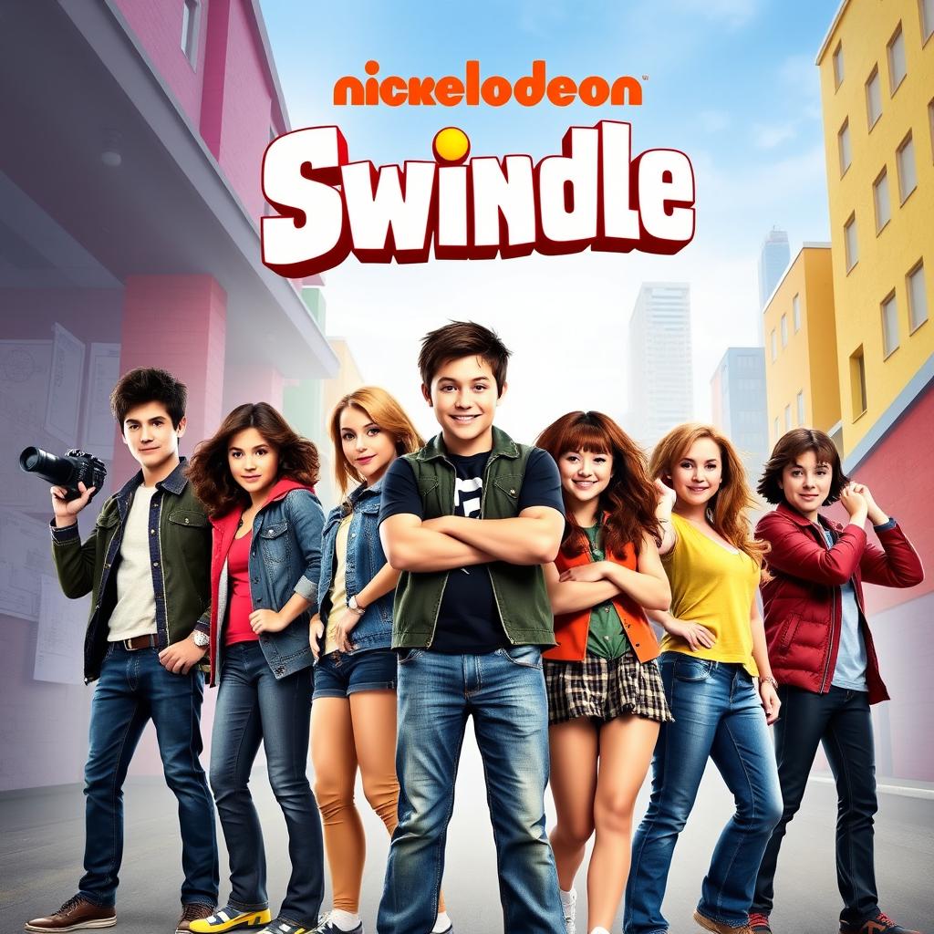 Teen Nickelodeon movie cover for "Swindle" featuring a lively group of teenagers ready for an adventure