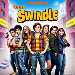 Teen Nickelodeon movie cover for "Swindle" featuring a lively group of teenagers ready for an adventure