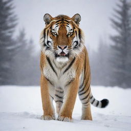 A powerful and majestic Siberian tooth tiger in a snowy landscape.