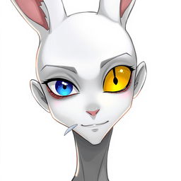 A slender male with long rabbit ears, featuring one blue eye and one yellow eye with a vertical slit pupil