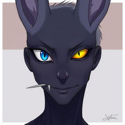 A slender male with long rabbit ears, featuring one blue eye and one yellow eye with a vertical slit pupil