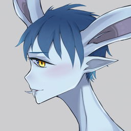 A slender male with long rabbit ears, featuring one blue eye and one yellow eye with a vertical slit pupil