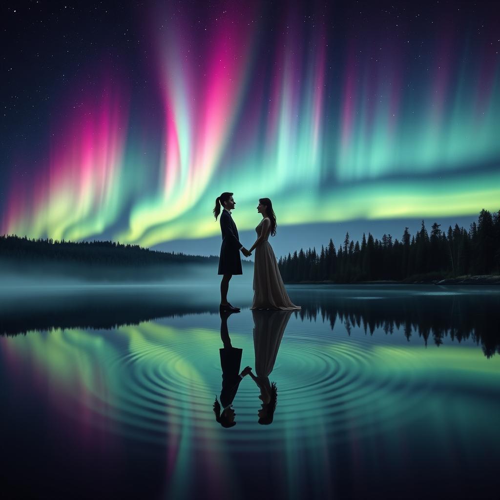 An ethereal scene representing "The Power of Love" where a couple stands hand in hand at the edge of a serene, reflective lake under a starlit sky